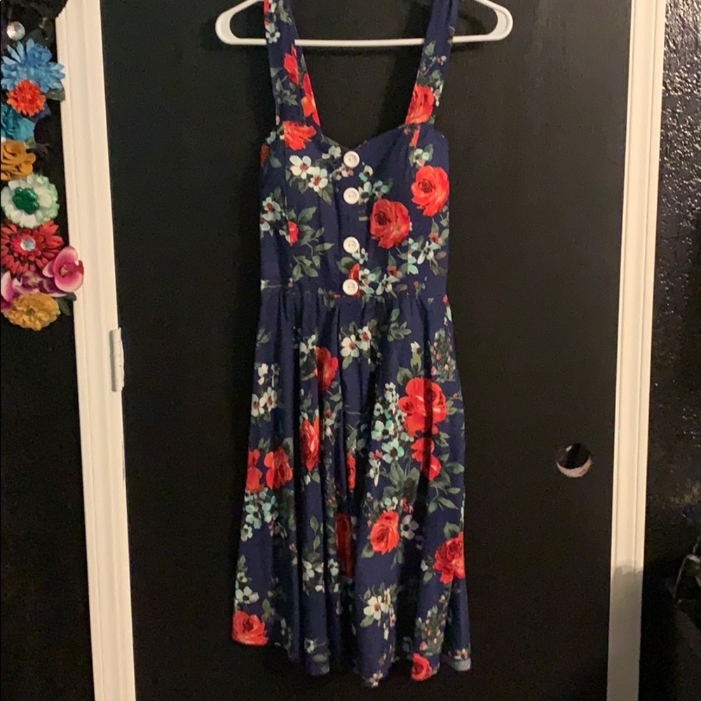 Floral Navy Sundress with Red Rose Print